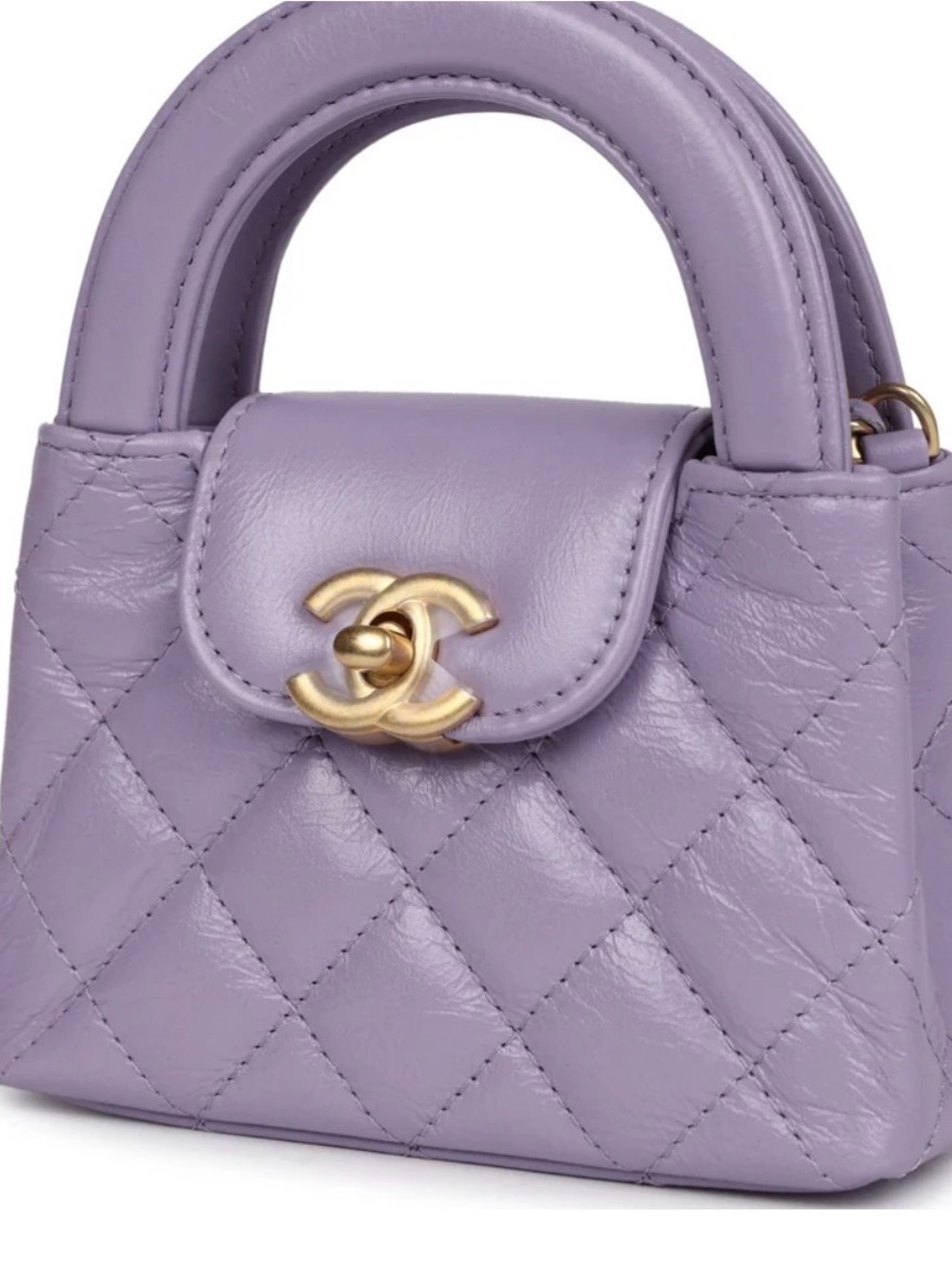 CHANEL 2025 Nano Kelly NWTs Lavender Quilted Mini Top Handle Bag with Gold CC